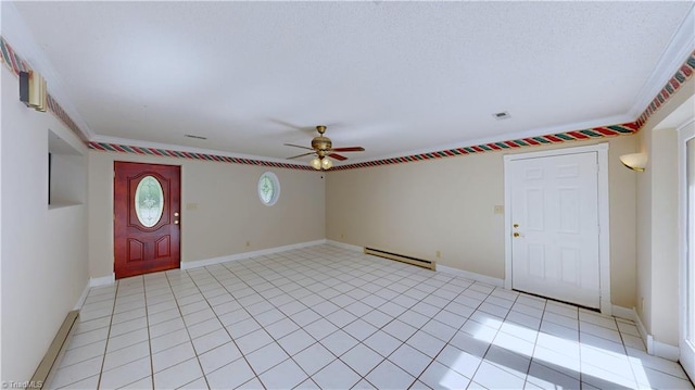 3618 Rockwood Dr, High Point, NC 27265 - foyer with a baseboard heating unit, a ceiling fan, baseboards, light tile patterned flooring, and ornamental molding