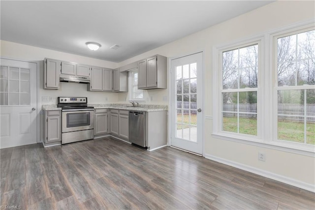 kitchen featuring gray cabinets, a healthy amount of sunlight, stainless steel appliances, and dark wood-type flooring