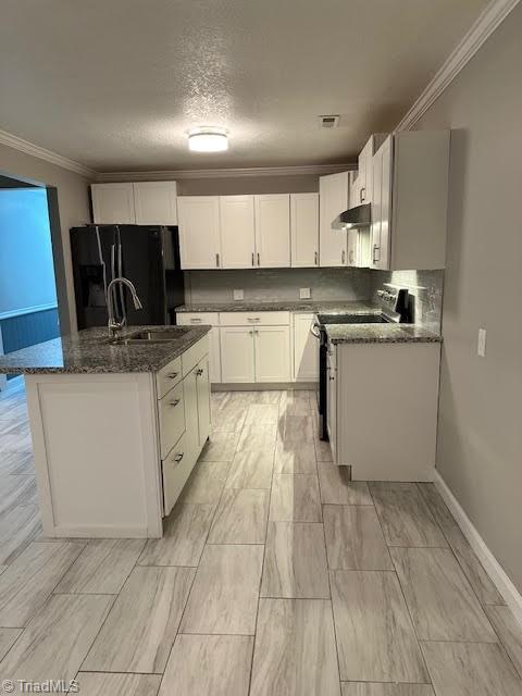 kitchen featuring black fridge, ornamental molding, under cabinet range hood, a sink, and white cabinets