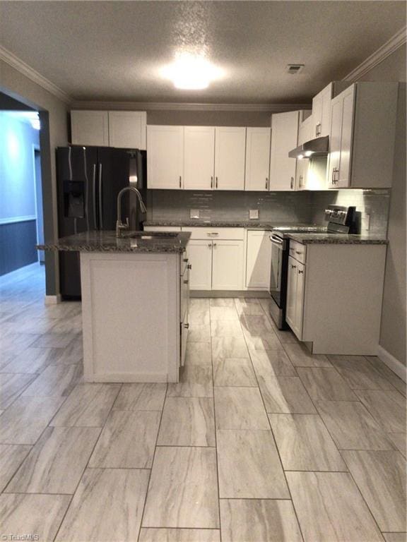 kitchen with white cabinets, ornamental molding, under cabinet range hood, and stainless steel electric stove