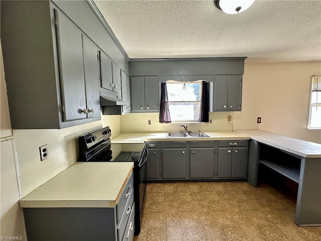 kitchen featuring sink, electric range, gray cabinets, kitchen peninsula, and a wealth of natural light