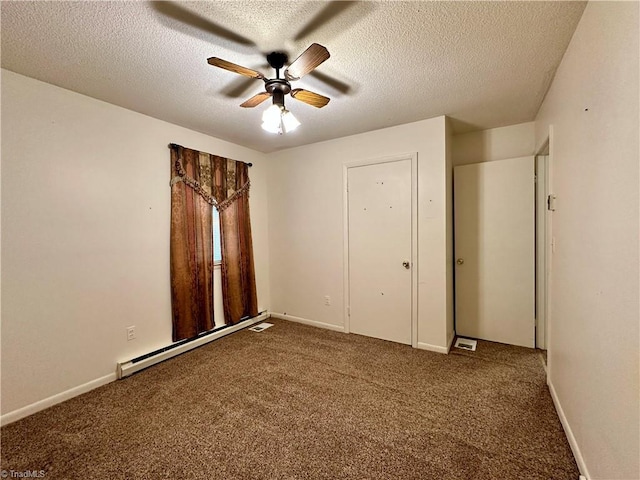 unfurnished bedroom with baseboard heating, ceiling fan, carpet floors, and a textured ceiling