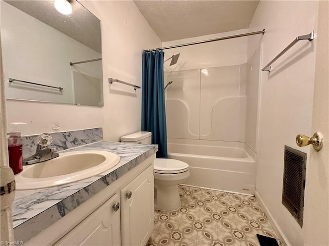 full bathroom with shower / tub combo with curtain, tile patterned flooring, vanity, toilet, and a textured ceiling