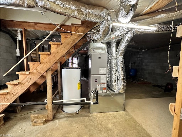 basement with heating unit and water heater