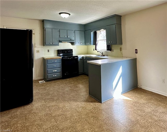 kitchen featuring sink, a textured ceiling, and black appliances