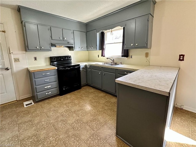 kitchen featuring black / electric stove, kitchen peninsula, sink, and gray cabinetry