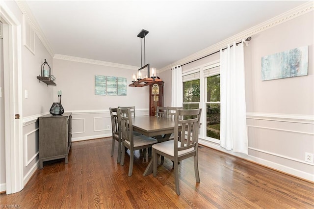 3016 Havasu Way, High Point, NC 27265 - dining space featuring a decorative wall, crown molding, dark wood finished floors, a chandelier, and wainscoting
