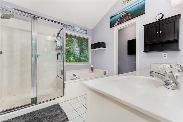 3016 Havasu Way, High Point, NC 27265 - full bathroom featuring a stall shower, vanity, a garden tub, tile patterned flooring, and lofted ceiling