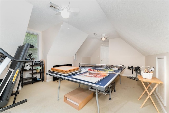 3016 Havasu Way, High Point, NC 27265 - game room with a ceiling fan, carpet, vaulted ceiling, and a textured ceiling