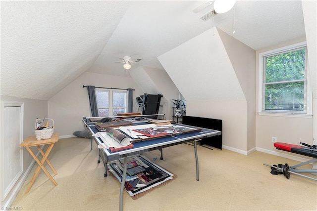 3016 Havasu Way, High Point, NC 27265 - office area featuring a ceiling fan, carpet floors, vaulted ceiling, and a textured ceiling