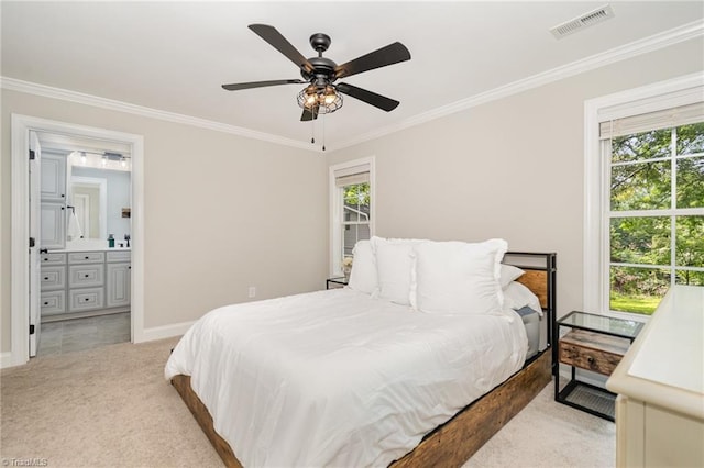 1420 Rankin Rd, Greensboro, NC 27405 - bedroom with ornamental molding, light carpet, ensuite bath, and ceiling fan