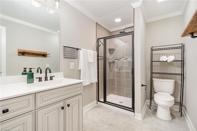 1420 Rankin Rd, Greensboro, NC 27405 - bathroom featuring a shower stall, vanity, ornamental molding, tile patterned floors, and recessed lighting