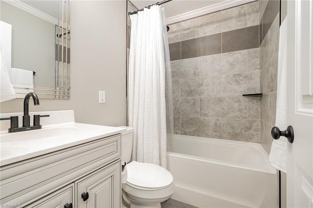 1420 Rankin Rd, Greensboro, NC 27405 - full bathroom featuring vanity, shower / bath combination with curtain, and crown molding