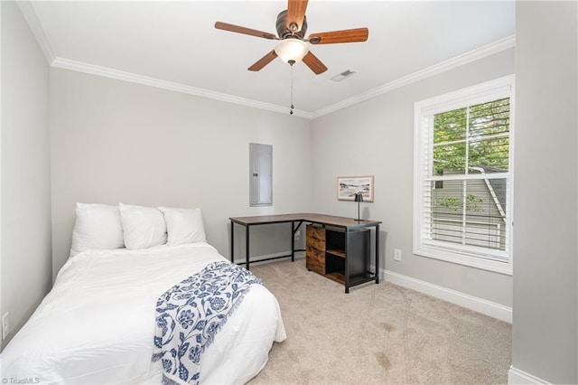 1420 Rankin Rd, Greensboro, NC 27405 - carpeted bedroom with electric panel, crown molding, and a ceiling fan