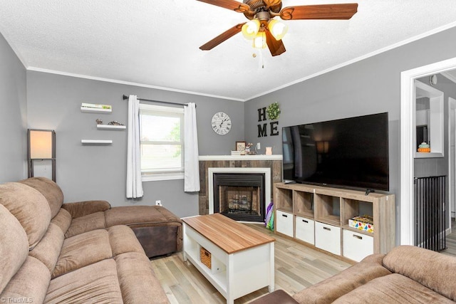 415 Crestview Dr, Thomasville, NC 27360 - living room with wood finished floors, a ceiling fan, crown molding, a fireplace, and a textured ceiling
