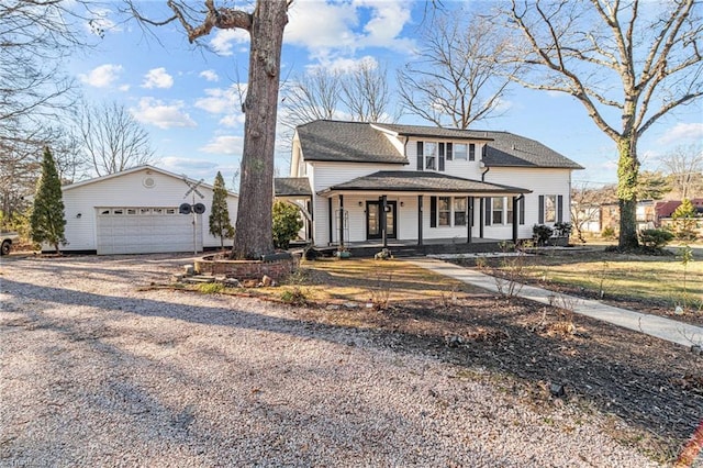 view of front of home featuring a porch, a garage, and an outdoor structure