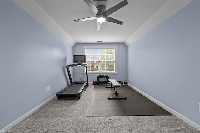 4420 Bonnie Loch Dr, Burlington, NC 27215 - workout area featuring a ceiling fan, carpet floors, and baseboards