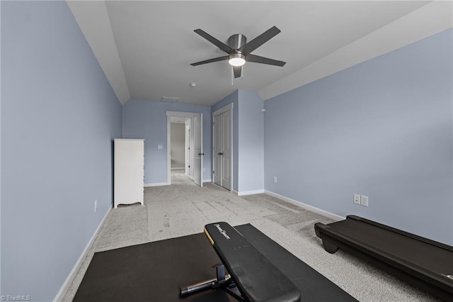 4420 Bonnie Loch Dr, Burlington, NC 27215 - workout room featuring lofted ceiling, carpet flooring, ceiling fan, and baseboards