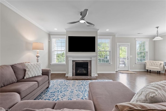 4420 Bonnie Loch Dr, Burlington, NC 27215 - living room with dark wood-type flooring, baseboards, a premium fireplace, a ceiling fan, and crown molding