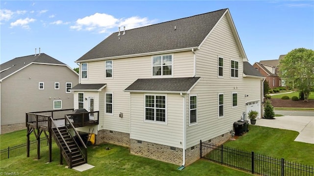 4420 Bonnie Loch Dr, Burlington, NC 27215 - back of house featuring crawl space, driveway, a wooden deck, stairway, and a shingled roof