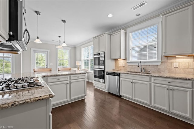 4420 Bonnie Loch Dr, Burlington, NC 27215 - kitchen with stainless steel appliances, a sink, ornamental molding, dark wood finished floors, and tasteful backsplash