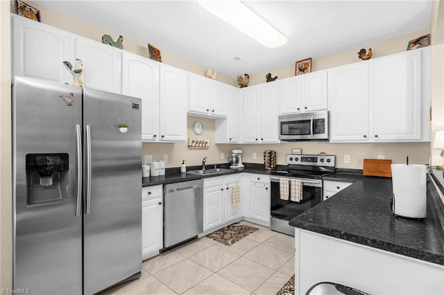 kitchen featuring stainless steel appliances, a sink, white cabinets, and light tile patterned flooring