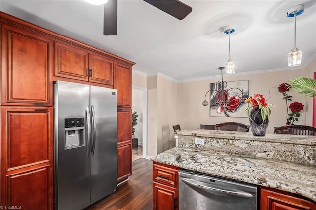 kitchen featuring appliances with stainless steel finishes, ceiling fan, dark wood-type flooring, ornamental molding, and light stone counters