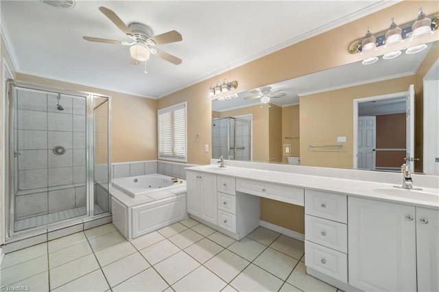 4028 Lofter Ct, Pfafftown, NC 27040 - bathroom with double vanity, ceiling fan, a stall shower, a whirlpool tub, and tile patterned floors