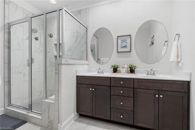 bathroom featuring crown molding, vanity, and an enclosed shower