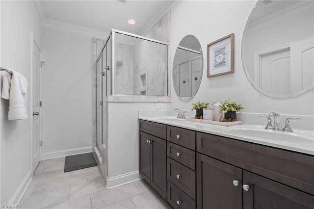 bathroom with crown molding, vanity, a shower with shower door, and tile patterned flooring