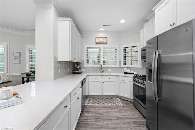 kitchen featuring sink, crown molding, backsplash, stainless steel appliances, and white cabinets