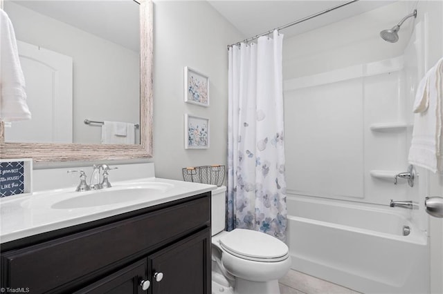 full bathroom featuring vanity, shower / bath combination with curtain, and toilet