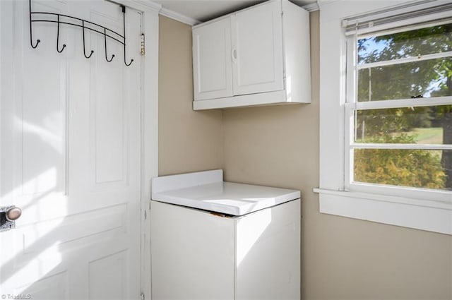 laundry room featuring washer / dryer and crown molding