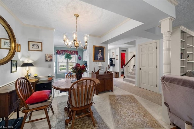 carpeted dining space featuring crown molding, a textured ceiling, a chandelier, and stairs