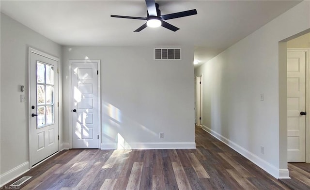 foyer featuring ceiling fan and dark hardwood / wood-style flooring