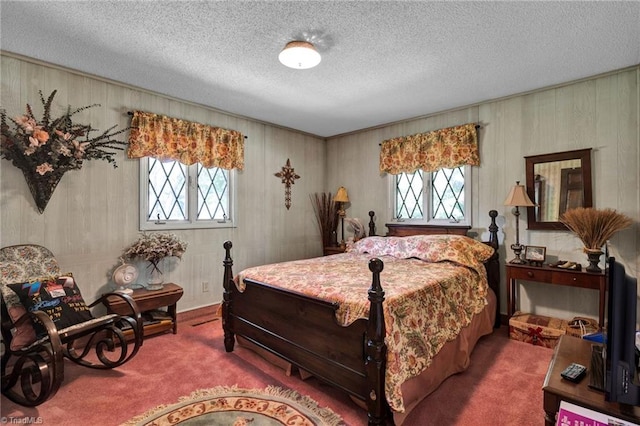 carpeted bedroom with multiple windows and a textured ceiling