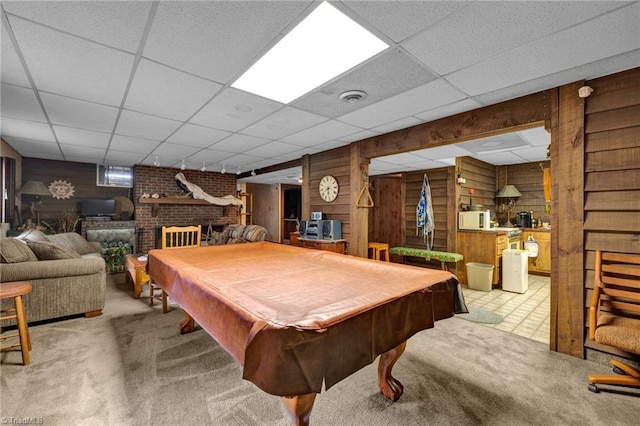 playroom featuring a drop ceiling, light carpet, wooden walls, and billiards