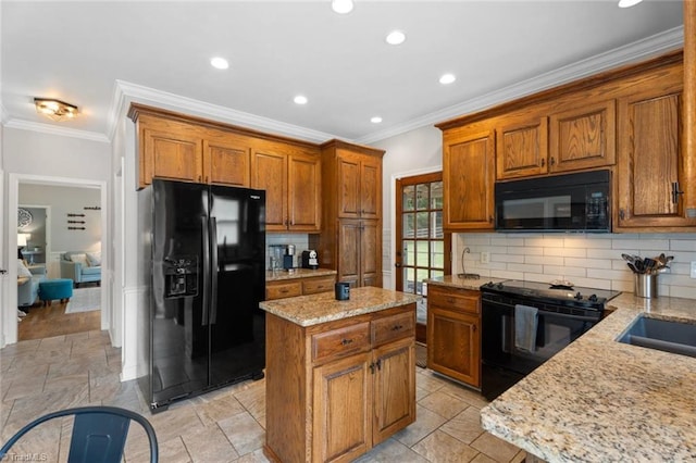 641 Doe Run Dr, Kernersville, NC 27284 - kitchen featuring black appliances, tasteful backsplash, stone tile floors, light stone countertops, and recessed lighting