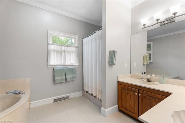 641 Doe Run Dr, Kernersville, NC 27284 - bathroom featuring a tub, vanity, ornamental molding, baseboards, and tile patterned flooring