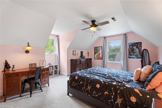 641 Doe Run Dr, Kernersville, NC 27284 - bedroom featuring carpet floors, lofted ceiling, baseboards, and a ceiling fan