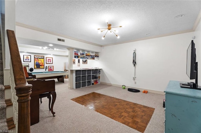 641 Doe Run Dr, Kernersville, NC 27284 - rec room with crown molding, a textured ceiling, carpet flooring, billiards, and baseboards