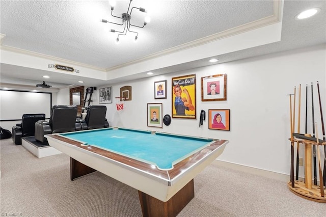 641 Doe Run Dr, Kernersville, NC 27284 - game room with ornamental molding, carpet flooring, a textured ceiling, billiards table, and recessed lighting