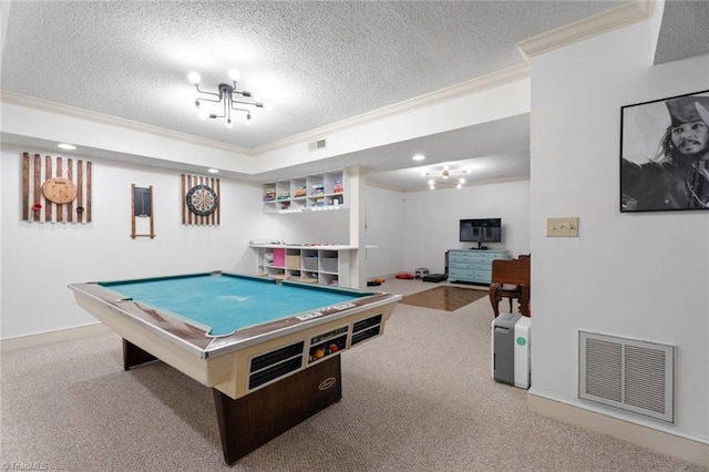 641 Doe Run Dr, Kernersville, NC 27284 - playroom with ornamental molding, carpet flooring, billiards table, and a textured ceiling
