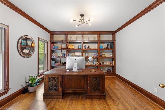 641 Doe Run Dr, Kernersville, NC 27284 - office space featuring a chandelier, baseboards, wood finished floors, and ornamental molding