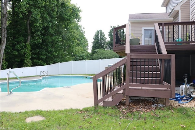 6215 Glen Way Dr, Winston-Salem, NC 27107 - view of pool with stairway, a wooden deck, a fenced backyard, and a patio