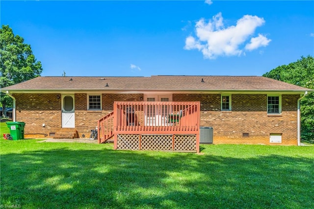 213 Timmys Ln, King, NC 27021 - rear view of property featuring crawl space, brick siding, a wooden deck, and a yard