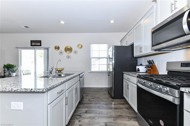 kitchen featuring light stone countertops, sink, stainless steel appliances, dark hardwood / wood-style floors, and a kitchen island with sink