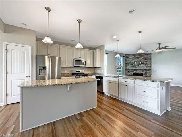 kitchen featuring a peninsula, dark wood-style floors, stainless steel appliances, and a sink