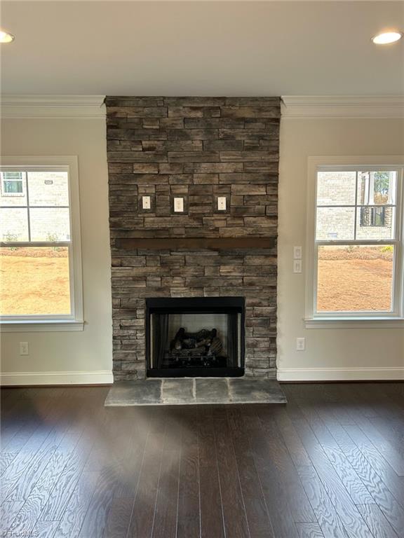 interior details featuring hardwood / wood-style flooring, a stone fireplace, and ornamental molding