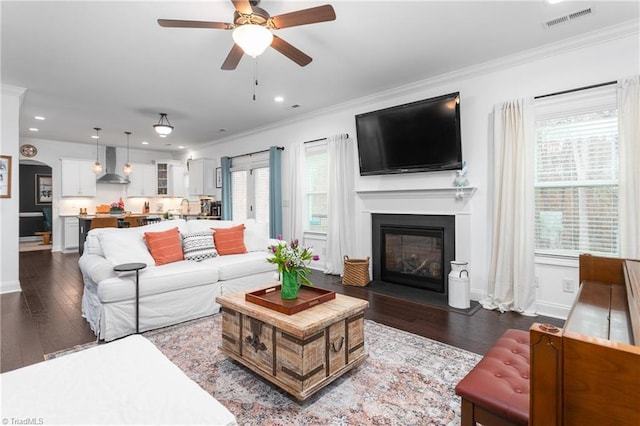 living room with dark wood-type flooring, visible vents, and ornamental molding